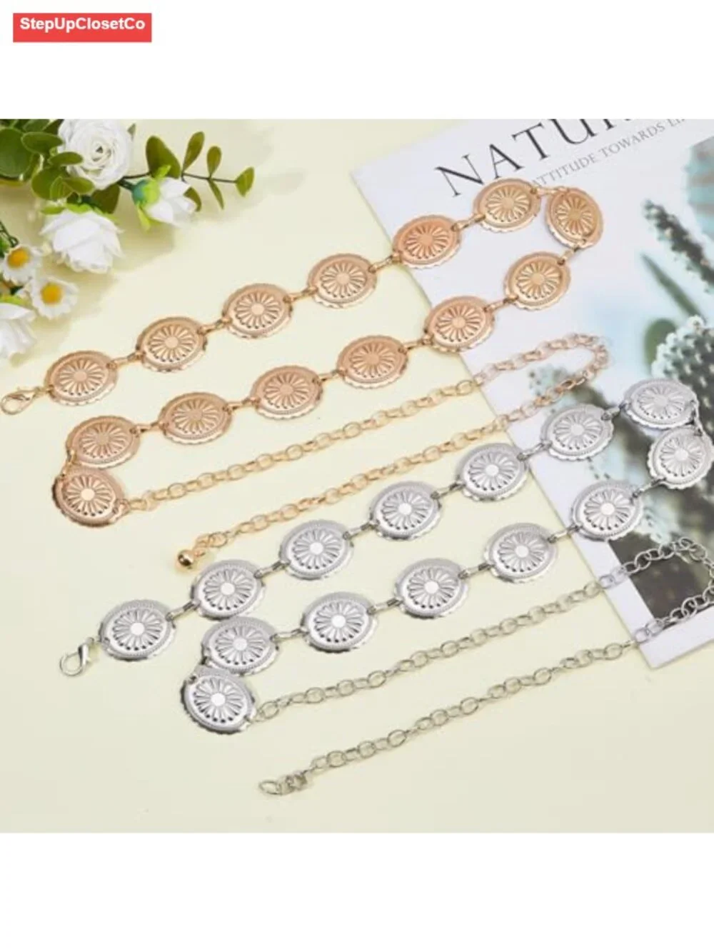 2Pcs Adjustable Waist Chain Belt Alloy Metal Boho Flower Link Waist Chain for